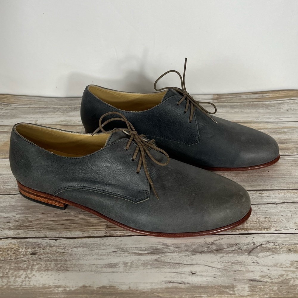 Nisolo Women’s Slate Gray Nubuck Leather Oliver Minimalist Oxford Flats Size 8.5